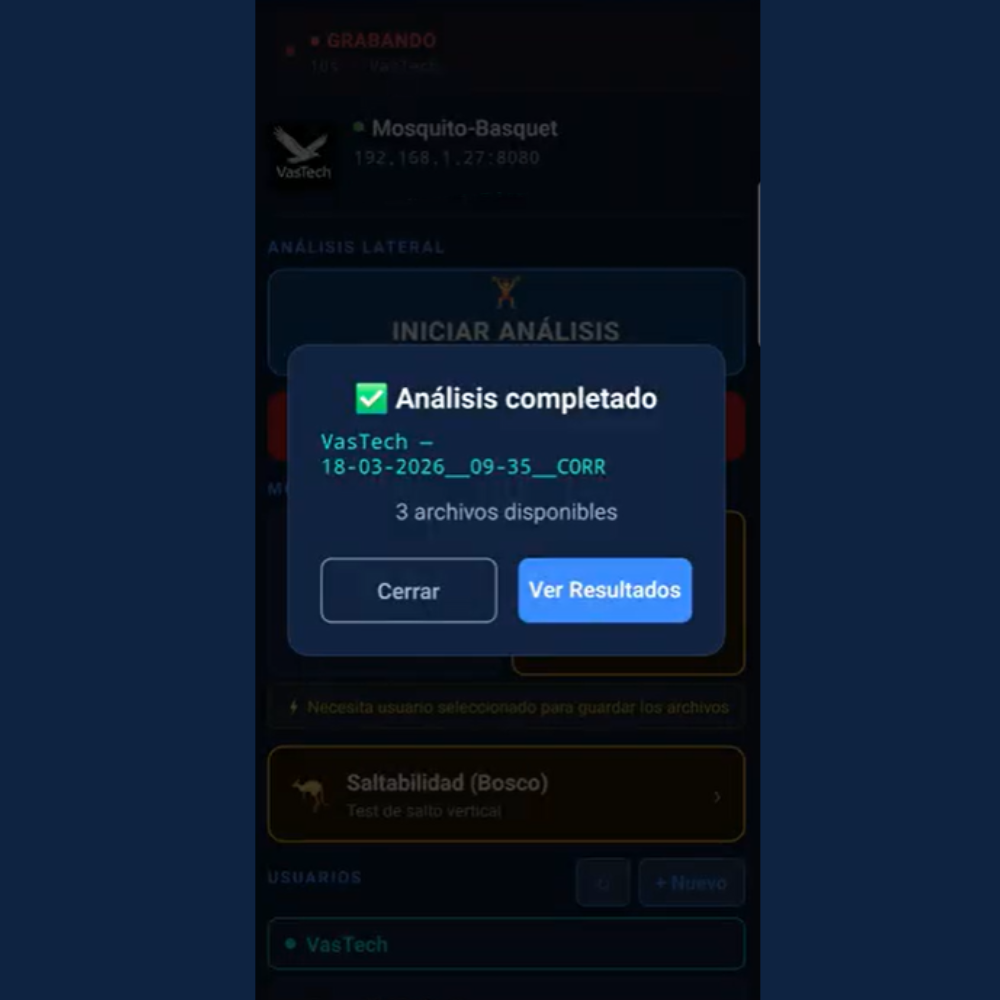 Análisis completado en la aplicación Mosquito Básquet