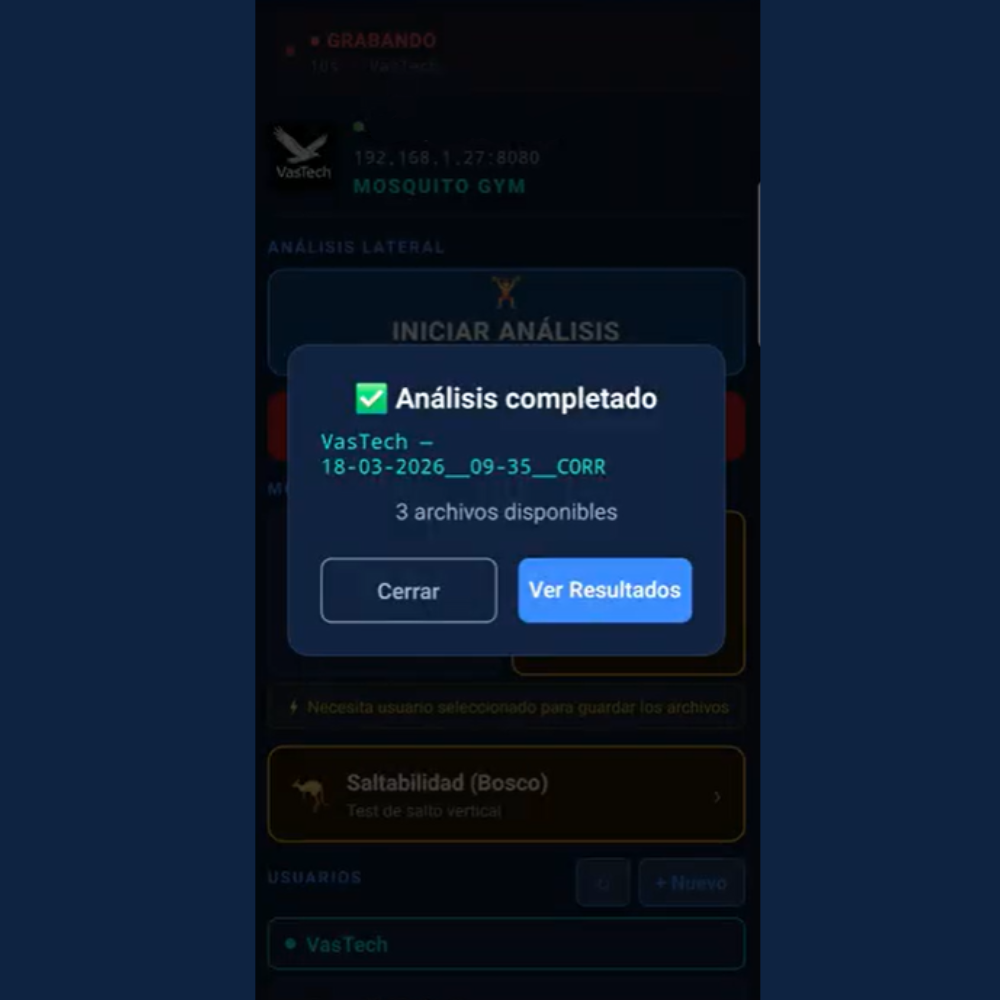 Análisis completado en la aplicación Mosquito Gym
